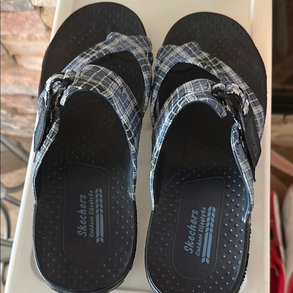 Skechers Black and Blue Checkered Sandals